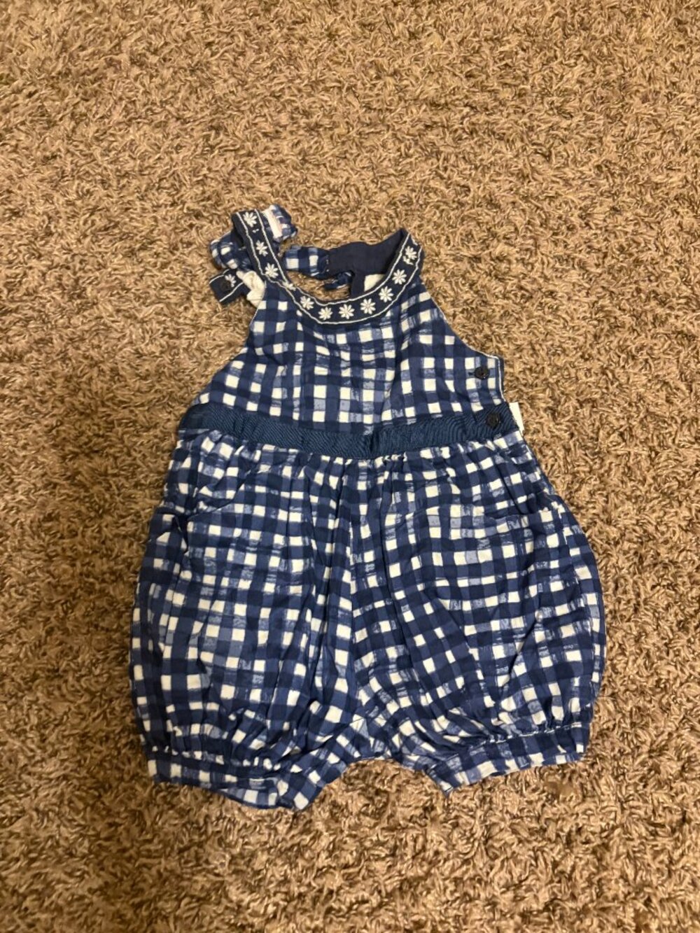 Tommy Bahama Romper 6-9 Months Blue and White Check Lace and Ribbon Trim Snaps